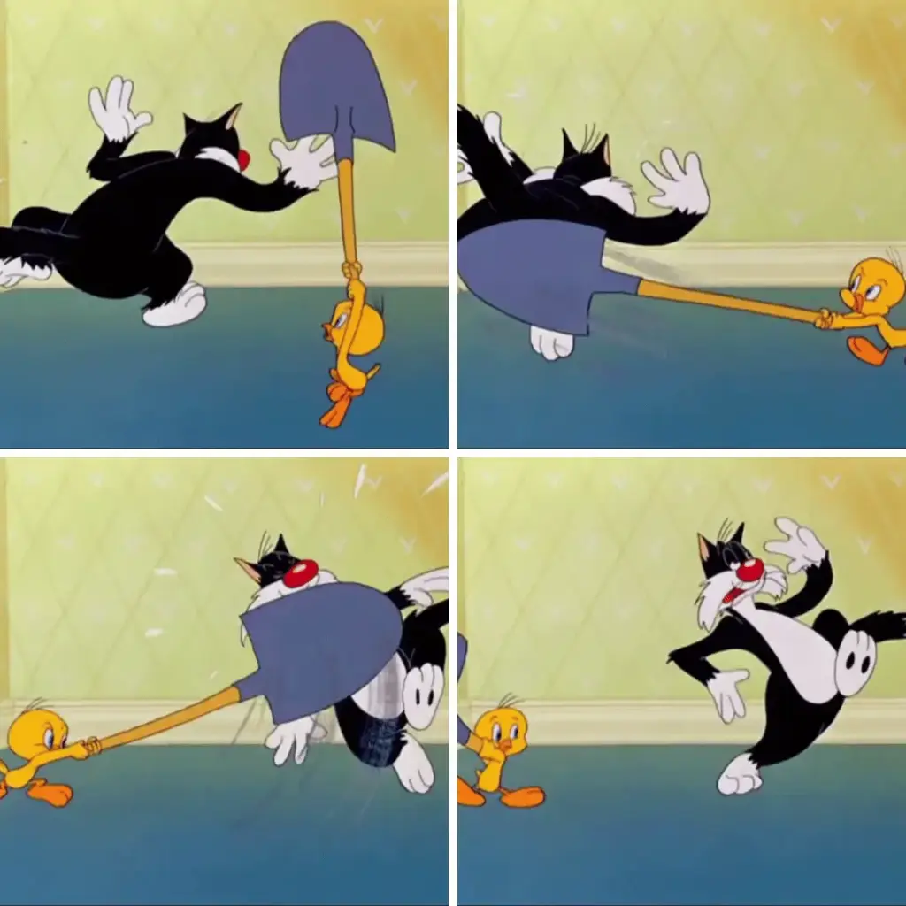 Sylvester, called Thomas, chasing the newly redesigned yellow Tweety in Tweetie Pie