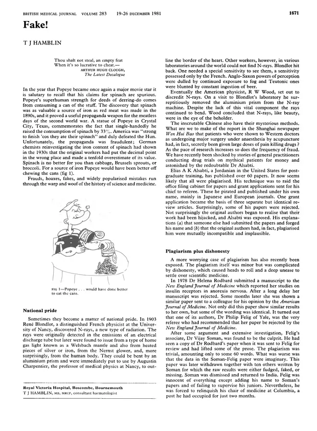 T.J. Hamblin's 1981 British Medical Journal essay that repeated the spinach decimal-point story