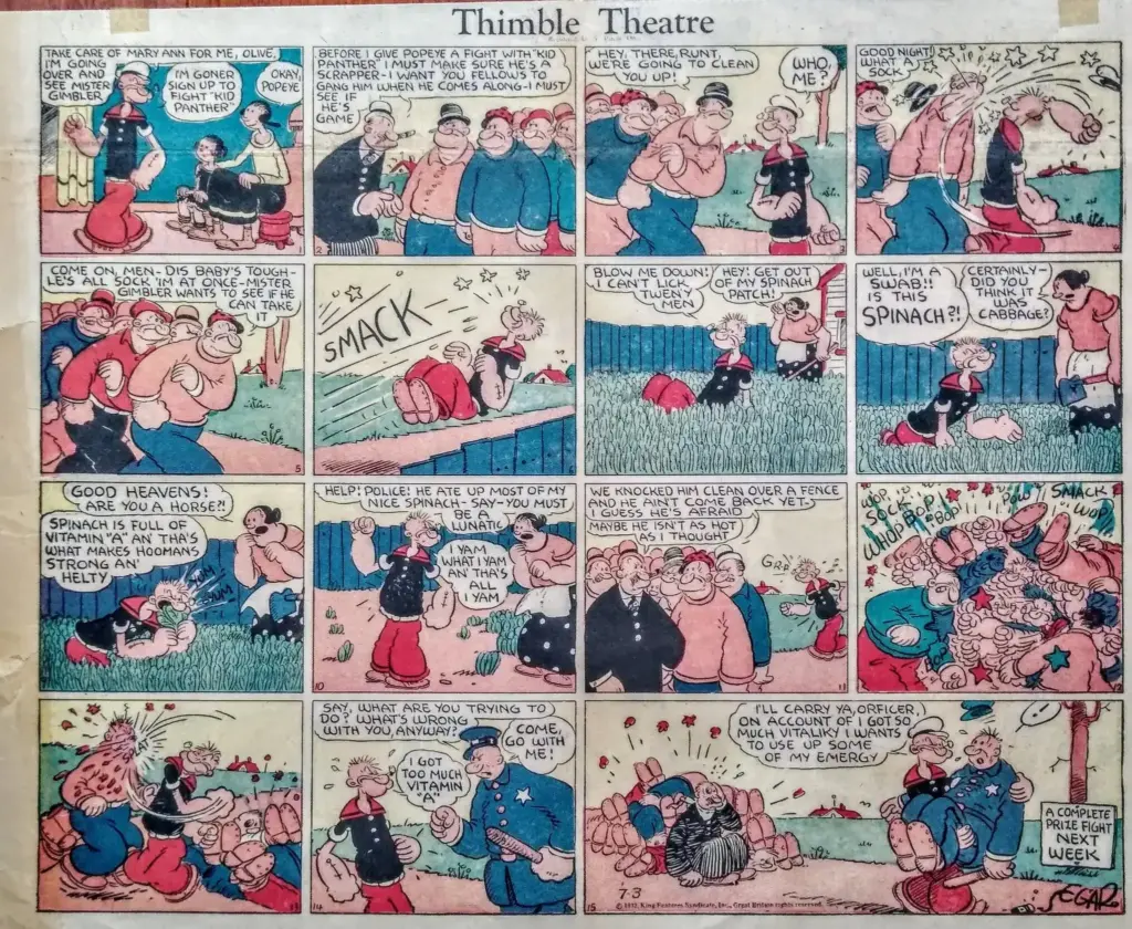 July 3, 1932 Thimble Theatre strip where Popeye credits vitamin A in spinach