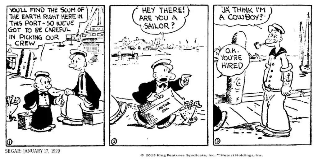Popeye meeting Castor Oyl and Ham Gravy on January 17, 1929