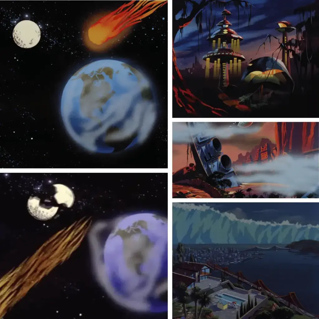 Broken Moon and ruined city in Thundarr the Barbarian's post-apocalyptic world