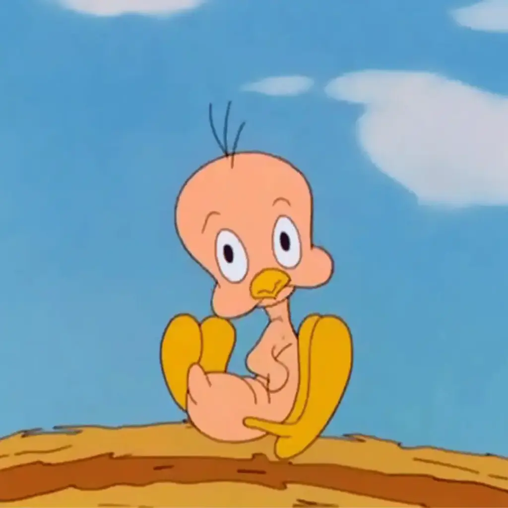 Original pink Tweety Bird without feathers in the 1942 cartoon A Tale of Two Kitties