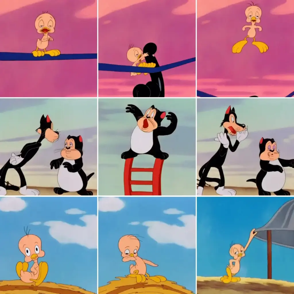 Tweety Bird's original pink and featherless Orson design from A Tale of Two Kitties
